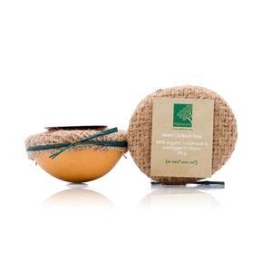 An image of our Neem Oil Black Soap in Eco Friendly Calabash Packaging by Nokware Skincare