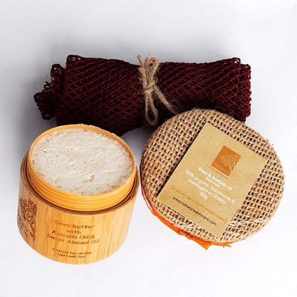 The images show the products that are in our Save on Sets - Nokware's Must Haves. It contains our shea & baobab black soap, avocado & almond butter shea butter and an exfoliating sponge