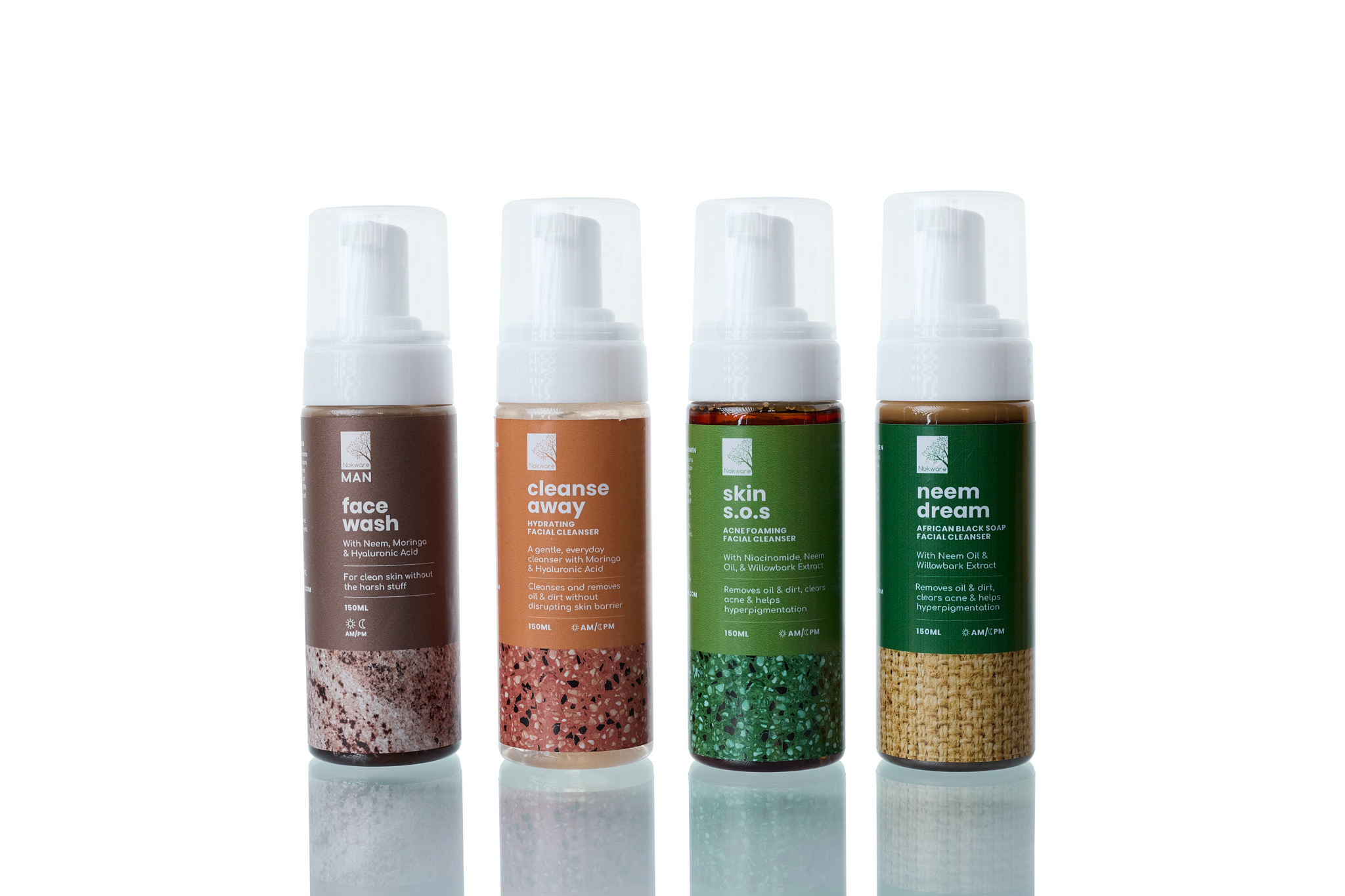 Nokware Skincare all four foaming face washes. Hydrating, Acne Prevention, Hyperpigmentation